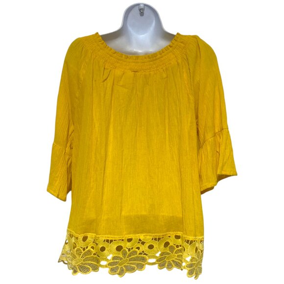 Women's Large Pullover Yellow Top Flare Sleeve Lace Bottom Design By-Z Studio - Picture 3 of 3